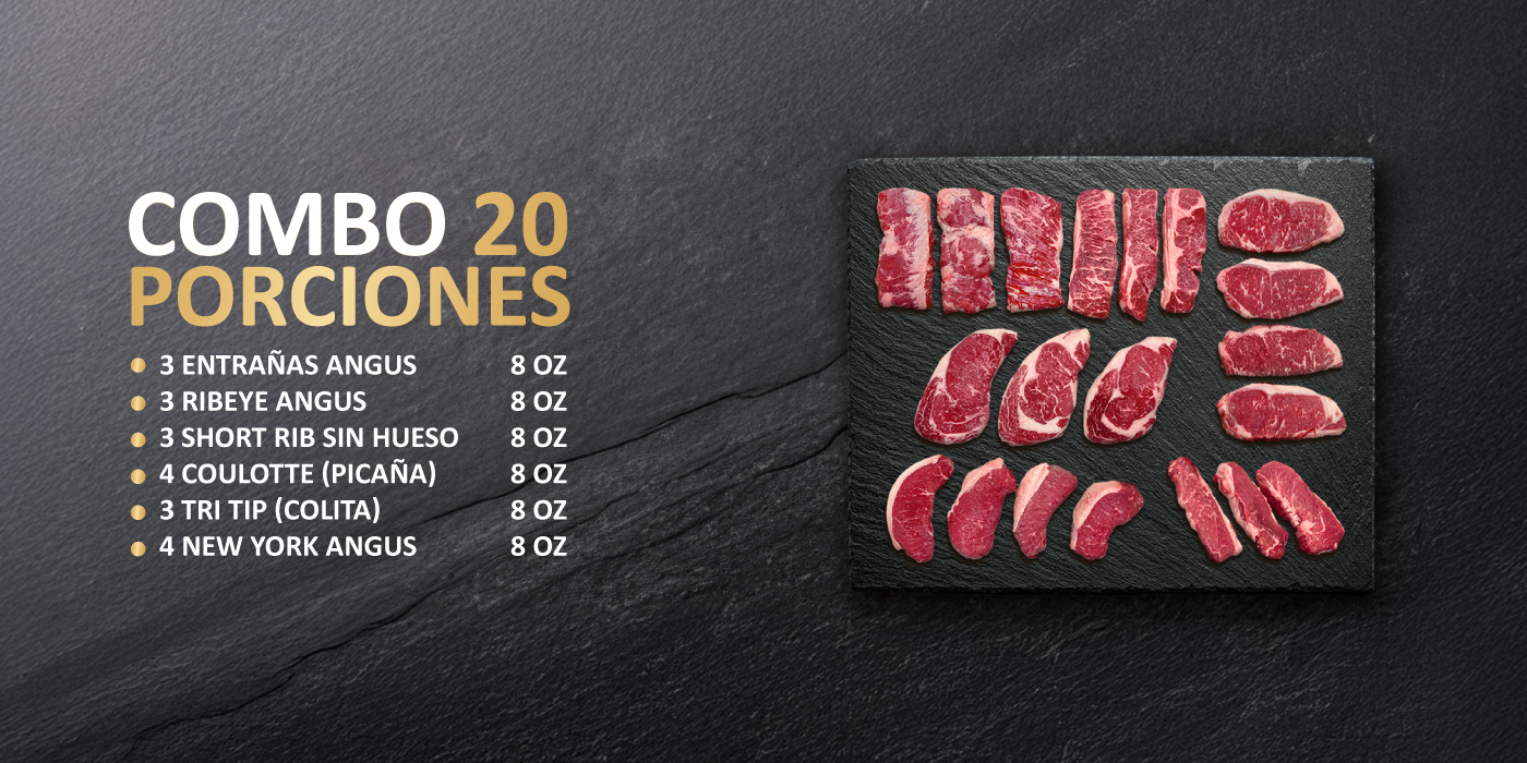Combo de 20 porciones de cortes de res crudos ordenados sobre pizarra negra