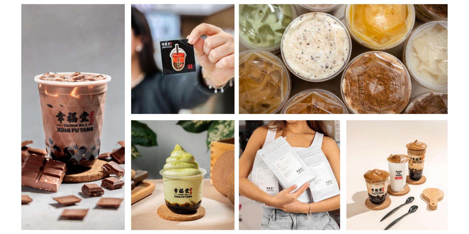 Collage de Xing Fu Tang: boba milk de chocolate, pin de colección, vasos con toppings, helado de matcha sobre boba, bolsas de té y bebidas con dalgona
