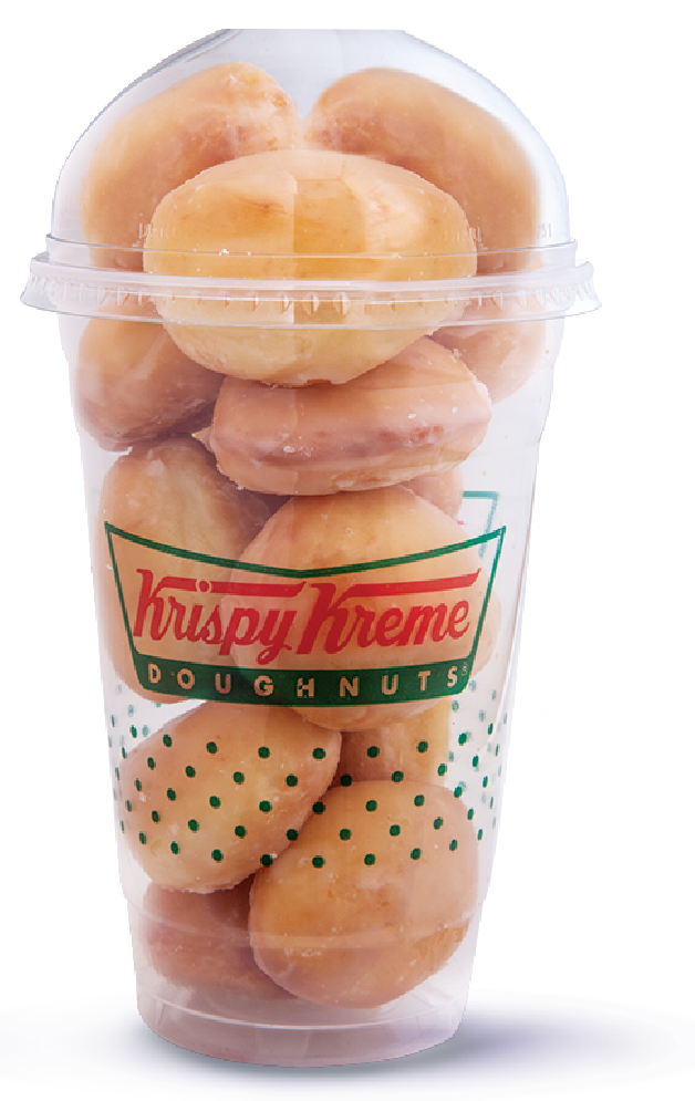 Vaso de Krispy Kreme lleno de mini donas glaseadas