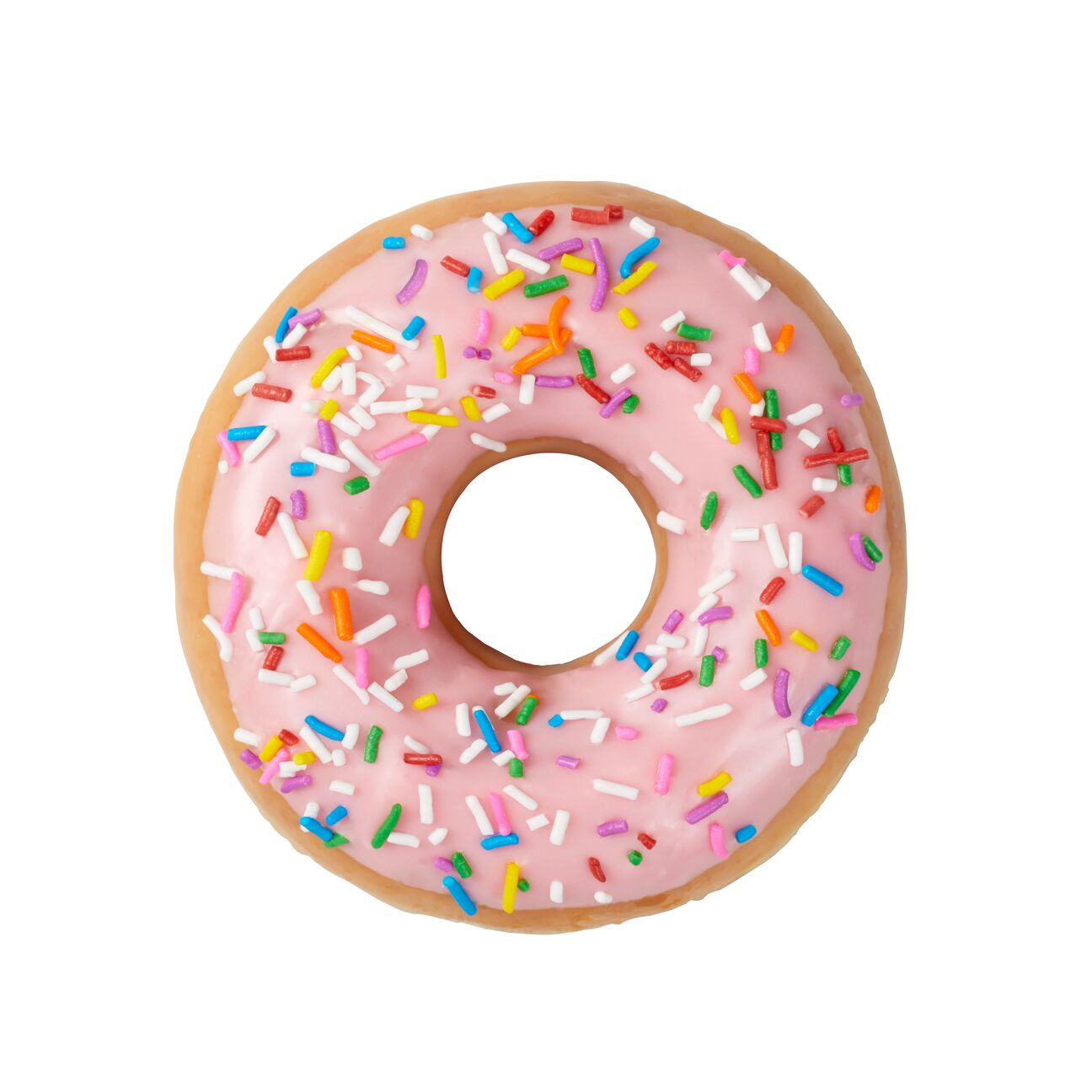 Dona Krispy Kreme con glaseado rosado de fresa y chispas de colores