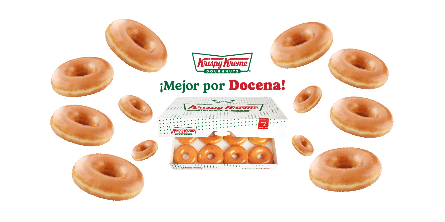 Docena de donas Original Glazed de Krispy Kreme alrededor de su caja con el mensaje Mejor por docena
