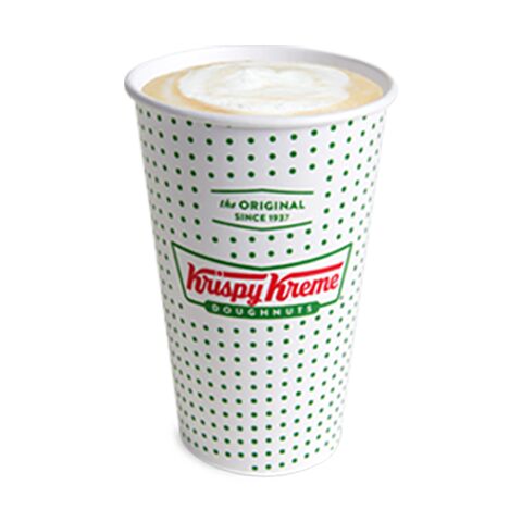 Café caliente con espuma en vaso de puntos verdes de Krispy Kreme