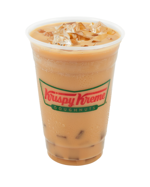 Café frío con hielo en vaso transparente de Krispy Kreme