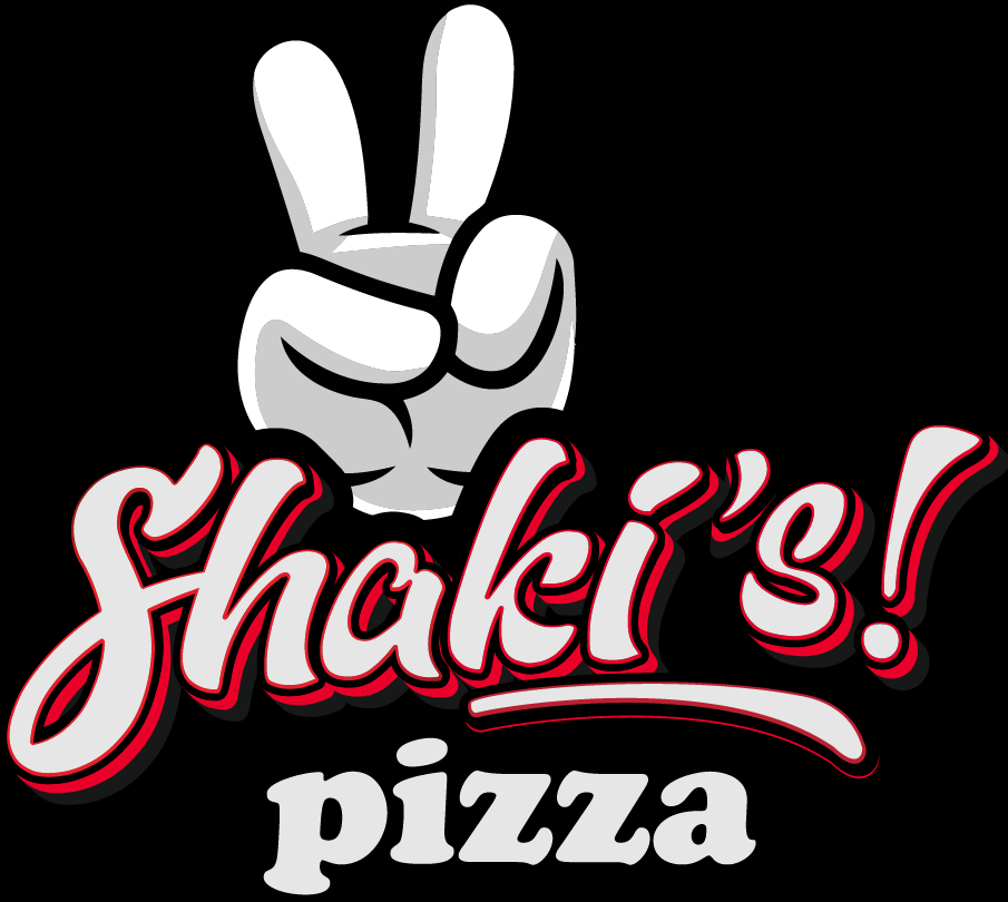 Logo de Shaki's pizza con la mano haciendo el signo de la paz