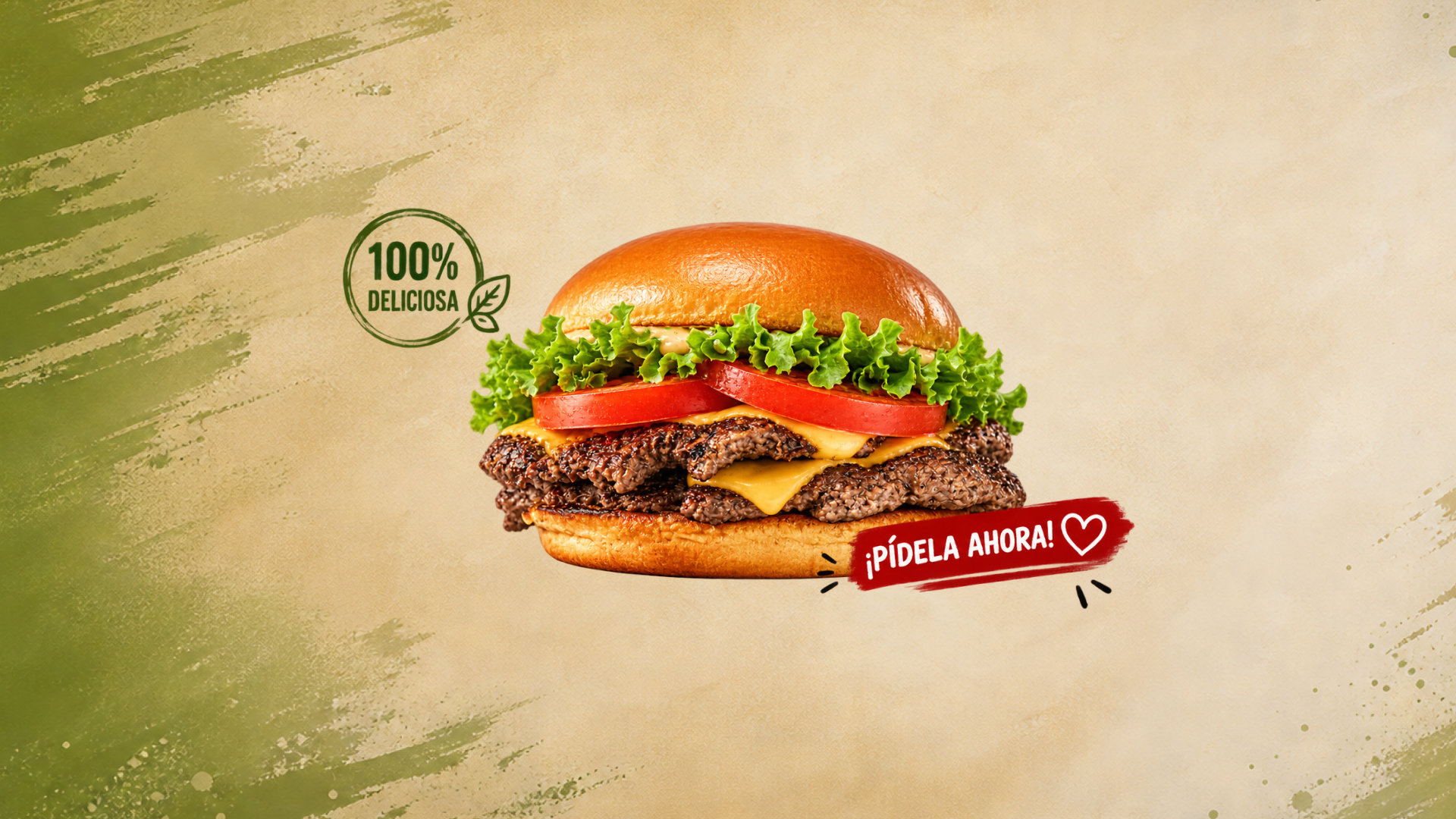 Hamburguesa doble con queso cheddar fundido, tomate y lechuga en pan brioche