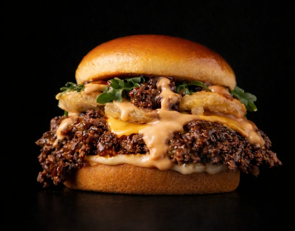 Smash burger doble de Naked Lukas con queso derretido sobre fondo negro