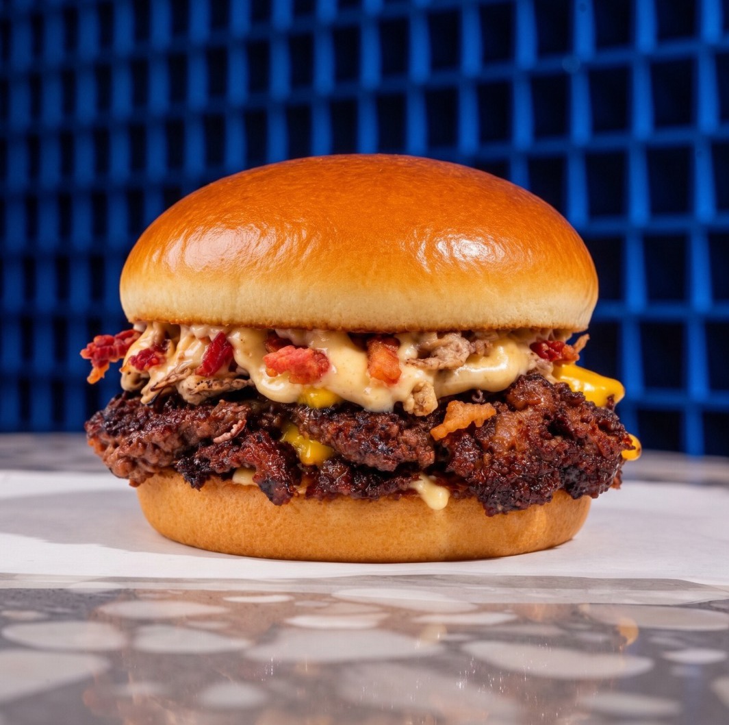 Smash burger de Naked Lukas con tocino y salsa de la casa sobre fondo de azulejos azules