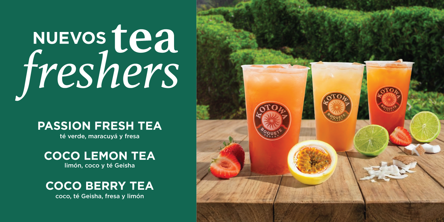 Tres Teafreshers de Kotowa: Passion Fresh Tea, Coco Lemon Tea y Coco Berry Tea con frutas