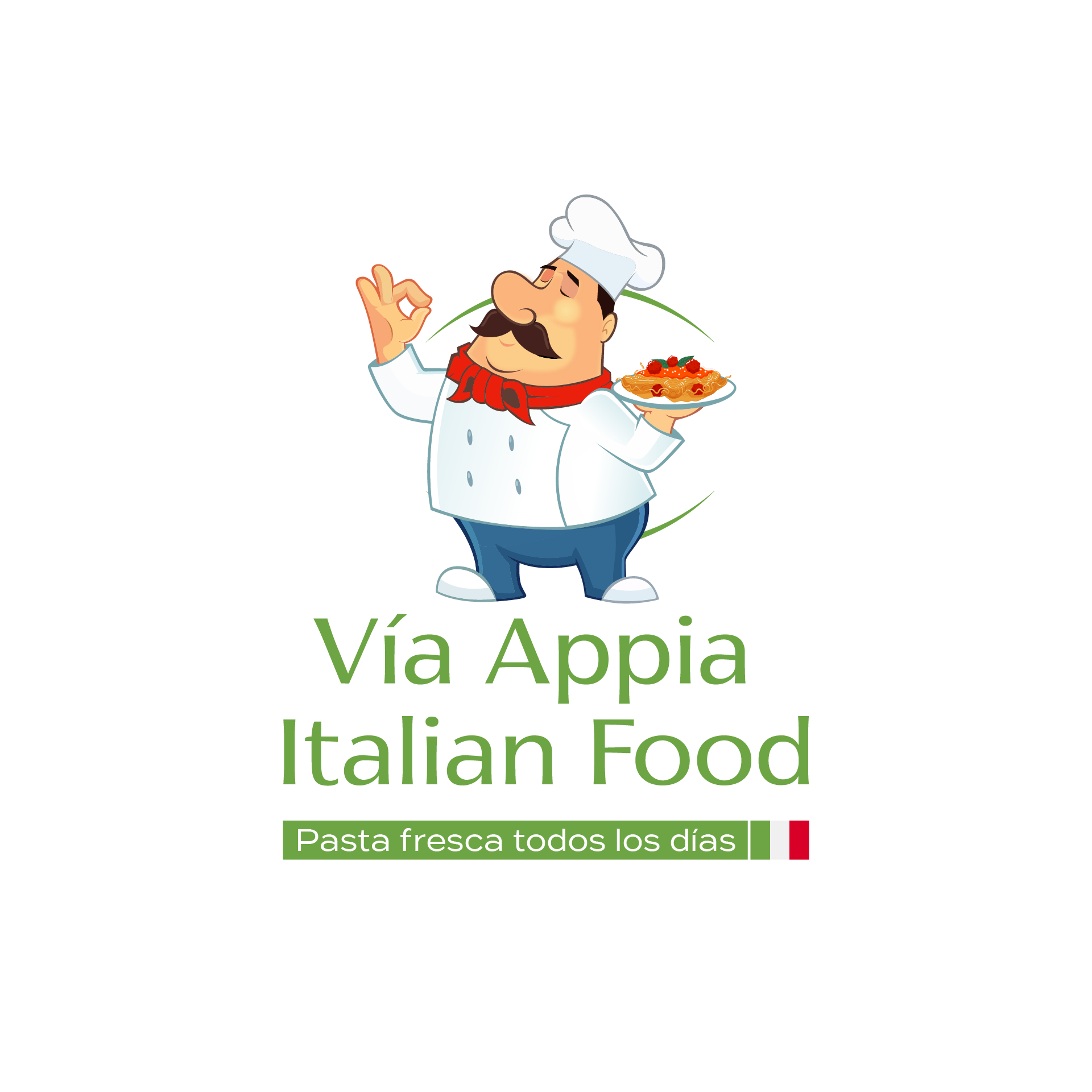 Logo de Vía Appia Italian Food: chef italiano con un plato de pasta