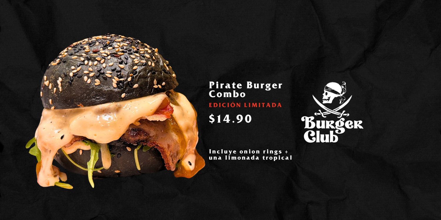 Banner de Burger Club con la Pirate Burger, edición limitada: pan negro con ajonjolí, carne, queso derretido y salsa, junto al logo pirata del club