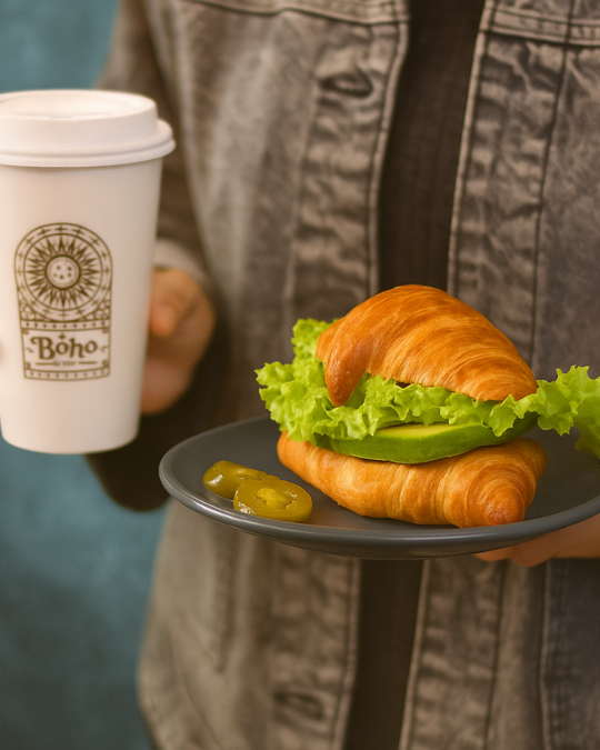 Croissant relleno servido junto a un café para llevar de Boho Cafe