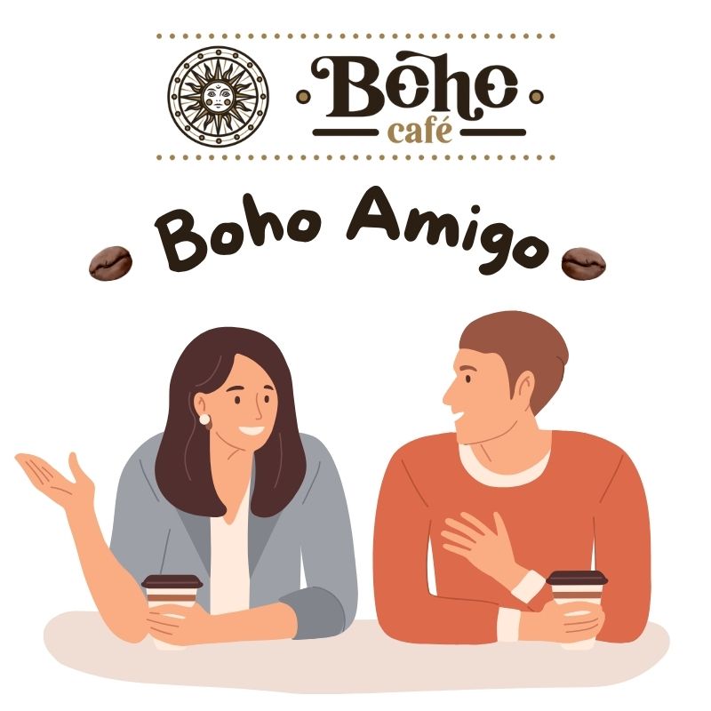 Ilustración del nivel Boho Amigo: dos amigos platicando con café