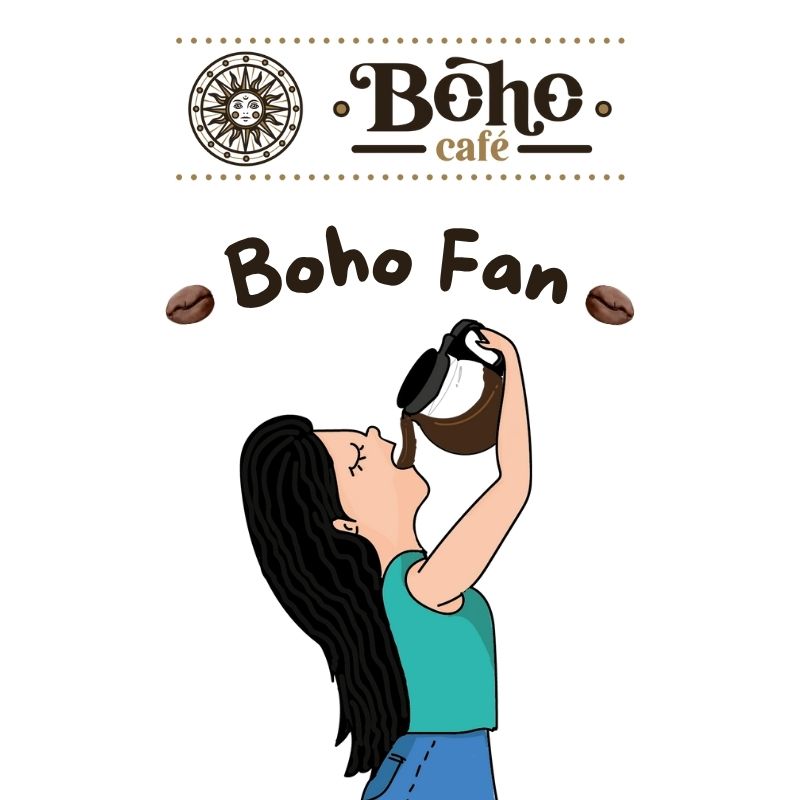 Ilustración del nivel Boho Fan: una chica bebiendo de una cafetera
