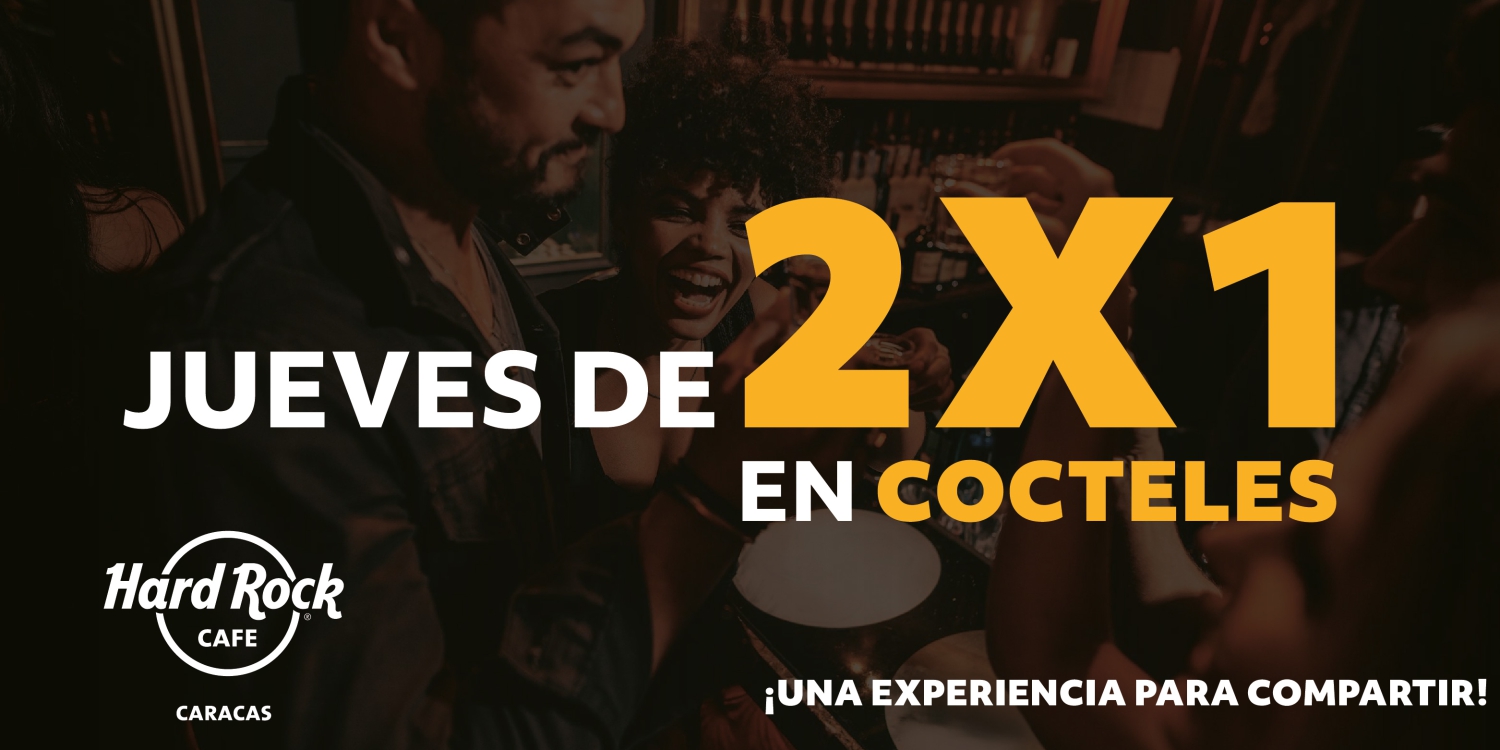 Promoción Jueves de 2x1 en cócteles en Hard Rock Cafe Caracas, amigos brindando en la barra