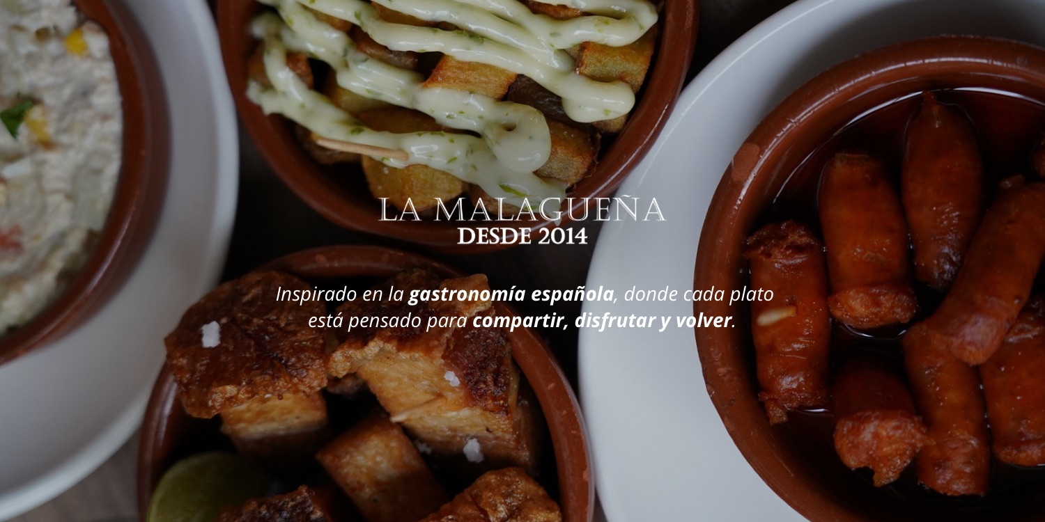 Tapas en cazuelas de barro con el lema de La Malagueña: compartir, disfrutar y volver