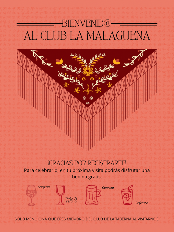 Tarjeta de bienvenida al Club La Malagueña con un mantón de Manila bordado