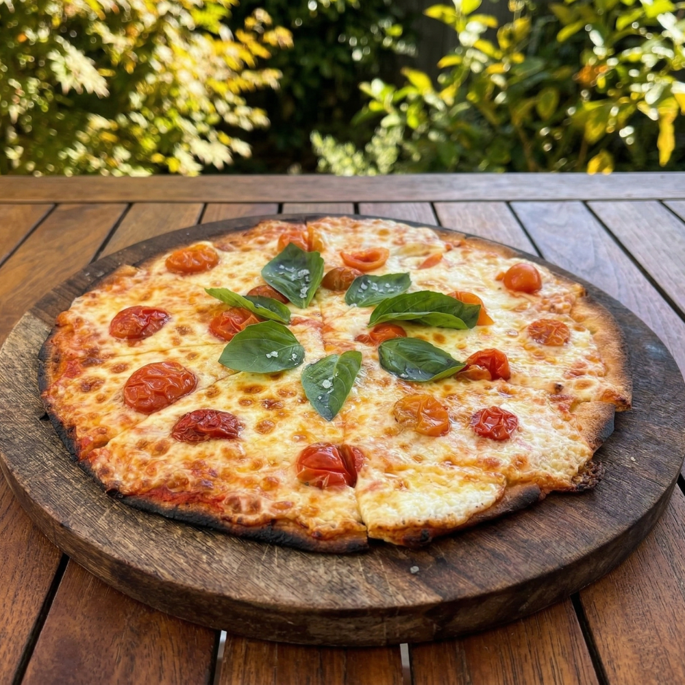 Pizza de masa fina con salsa de tomate, queso fundido y hojas de albahaca sobre tabla de madera