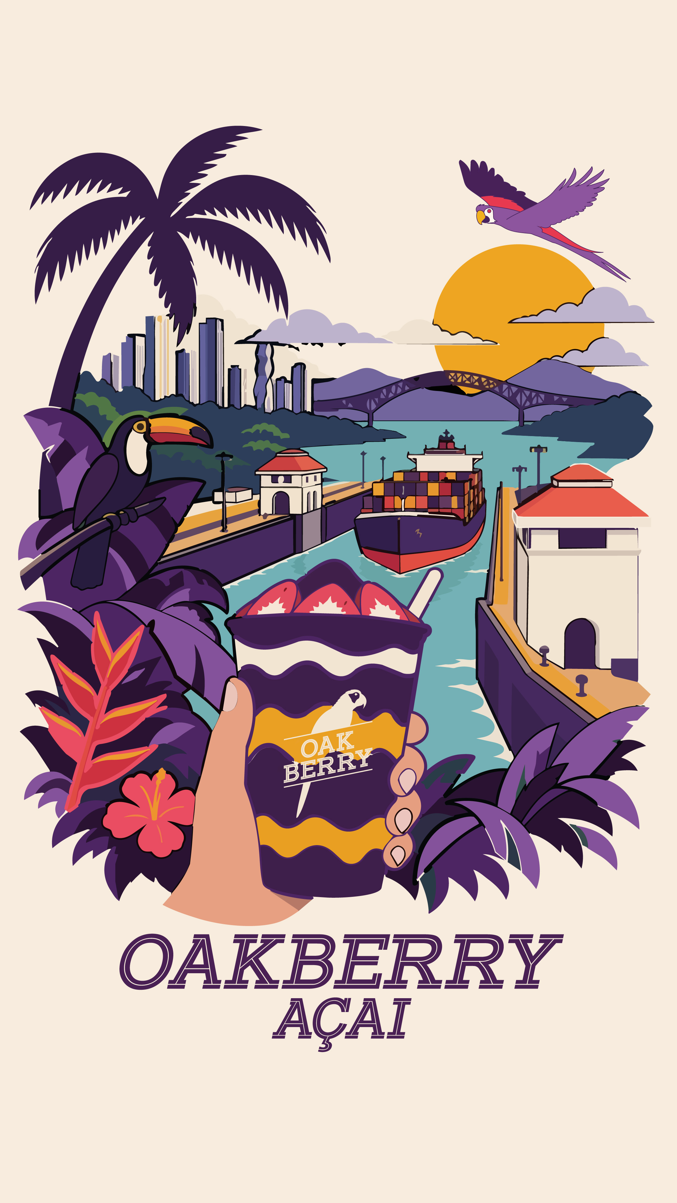 Ilustración de OAKBERRY Açaí en Panamá: un vaso de açaí rodeado de palmeras, tucanes, el skyline y el Casco Antiguo