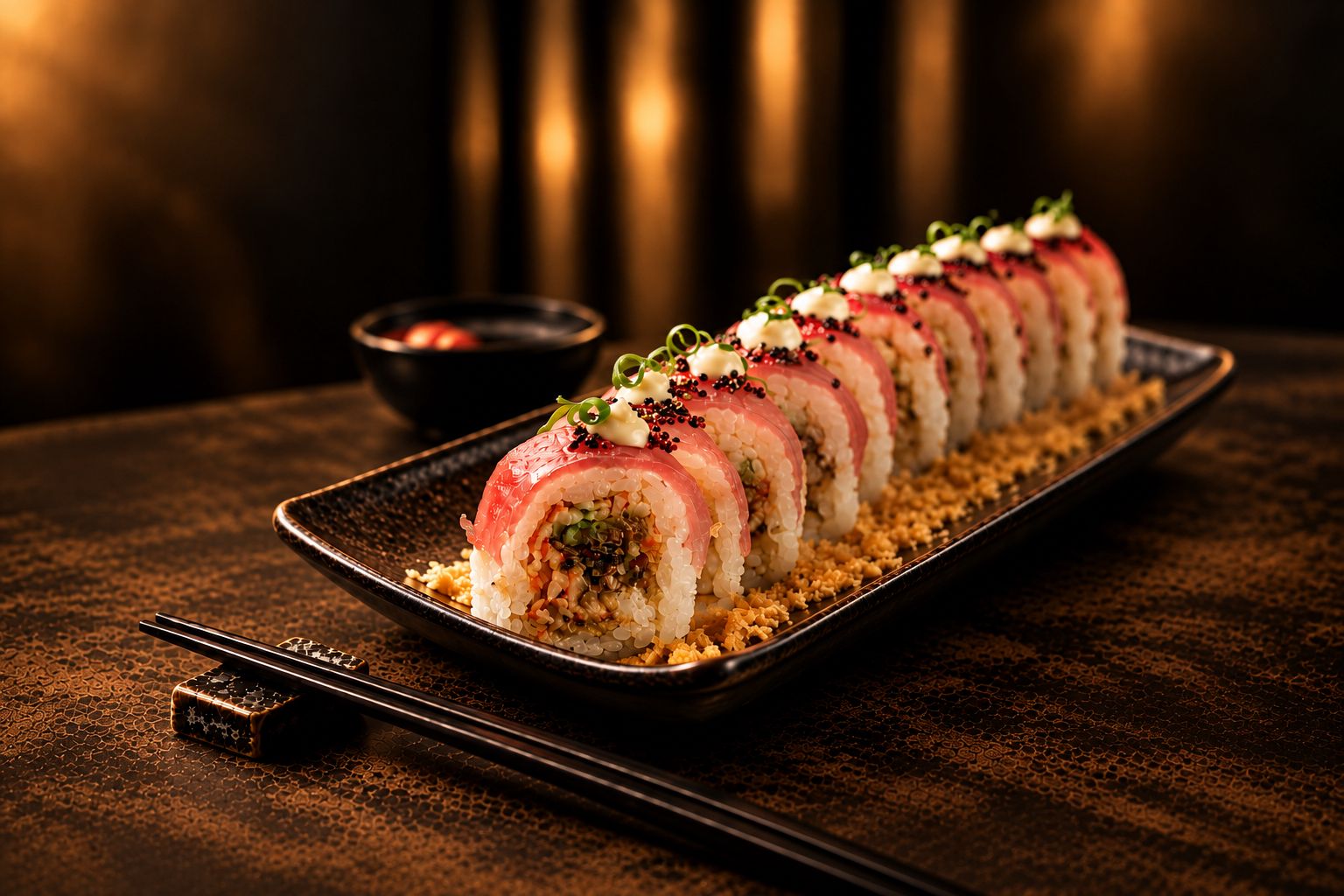 Rollo de sushi servido con elegancia sobre una tabla oscura en ARIA