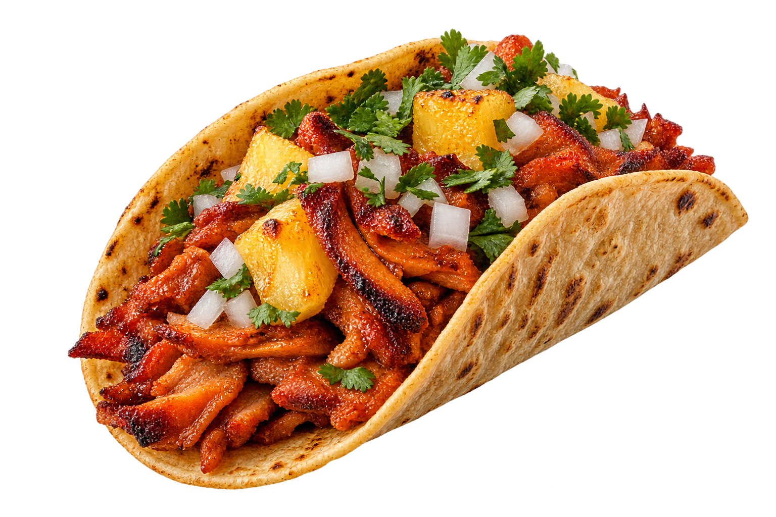 Taco al pastor con tortilla de maíz, piña, cebolla y cilantro