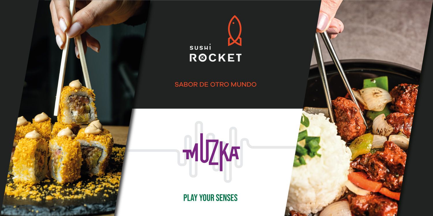 Rolls empanizados de Sushi Rocket y un salteado de Muzka con arroz, junto a los lemas Sabor de otro mundo y Play your senses