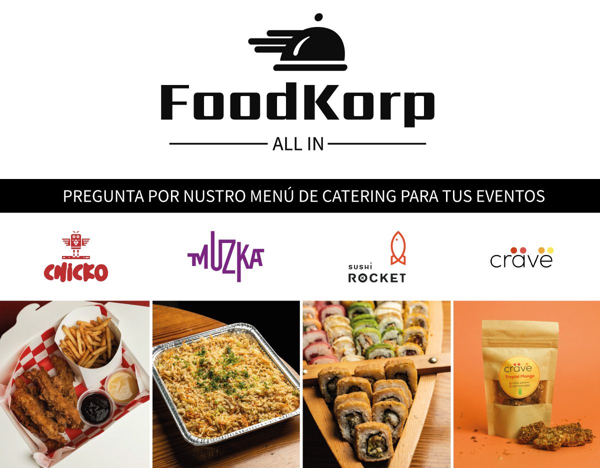 Afiche de Food Korp All In: pregunta por nuestro menú de catering para tus eventos, con bandejas de pollo, arroz, sushi y snacks de sus marcas