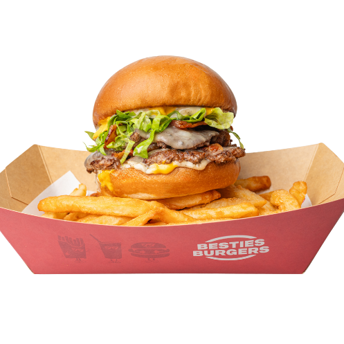 Combo de Besties Burgers con papas en su bandeja roja